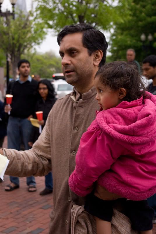 Somnath Mukherji of the Association for India's Development with Daughter, Adrita, at Cambridge Protest Vigil for Dr. Binayak Sen