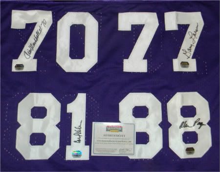 throwback jersey was autographed by the four Purple People Eaters; Jim