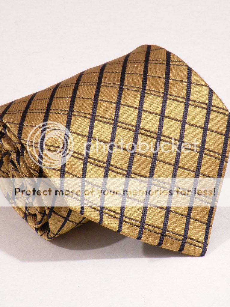 Desantis Collection designer woven silk neck tie gold navy blue plaid 