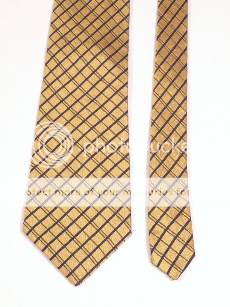 Desantis Collection designer woven silk neck tie gold navy blue plaid 