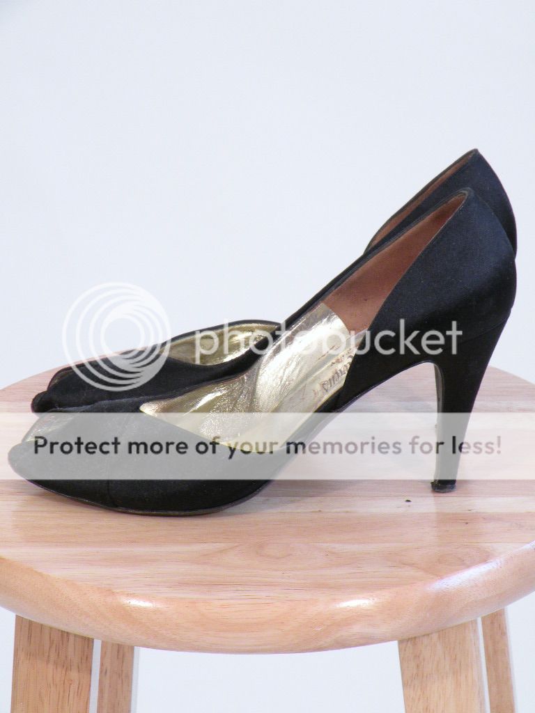 Vtg Bruno Magli peep toe heels pumps black satin shoes  