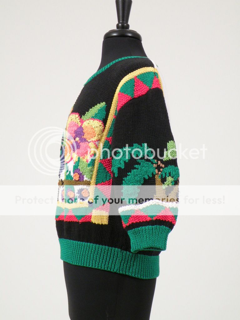 Vtg 80s BEREK Cardigan Sweater Unique FUN Hula Girl short sleeve green 