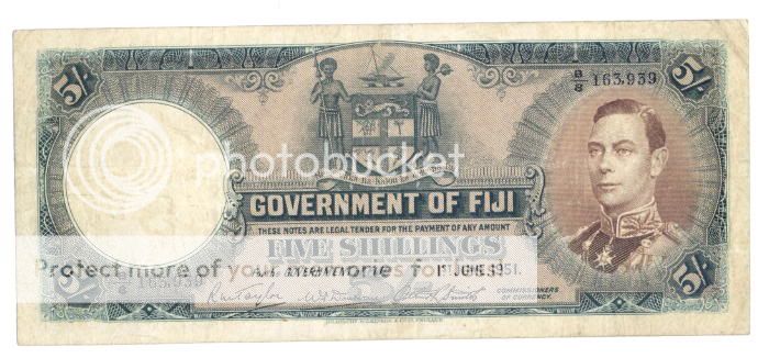 FIJI * 5 Shillings 1/6/1951 VF+ *King George VI *SCARCE BANKNOTE 