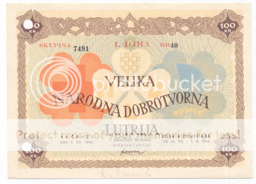 CROATIA 100 Kuna 1944  UNC *NDH   WWII USTASHA LOTTERY  