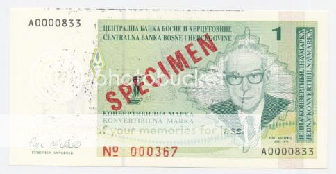 BOSNIA *NOT PERFORATED 1 Convertible Marka ND(1998) UNC *SPECIMEN* P 